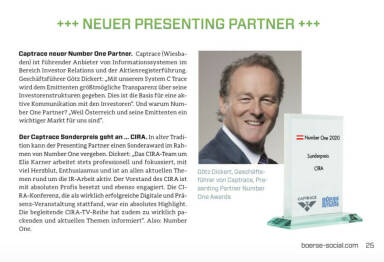 Number One Awards 2020, G&ouml;tz Dickert vom neuen Presenting Partner Captrace vergibt seinen Sonderpreis an die CIRA