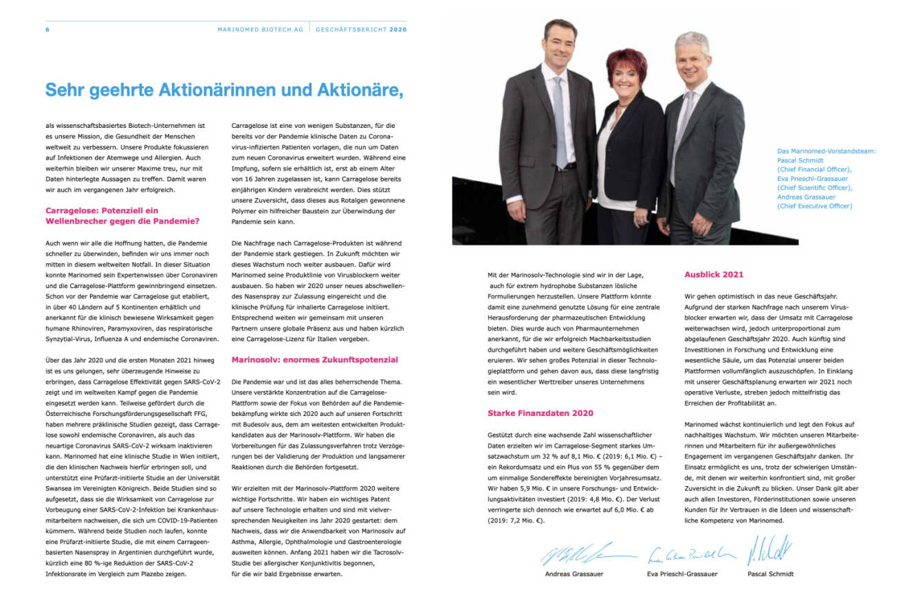 Doppelseite Marinomed Geschäftsbericht 2020