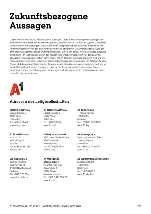 Rückseite A1 Telekom Austria Kombinierter Jahresbericht 2020