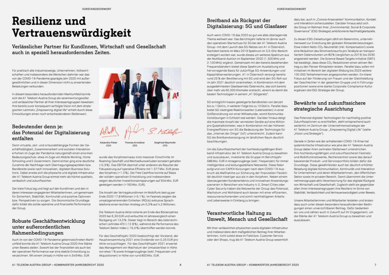 Doppelseite A1 Telekom Austria Kombinierter Jahresbericht 2020