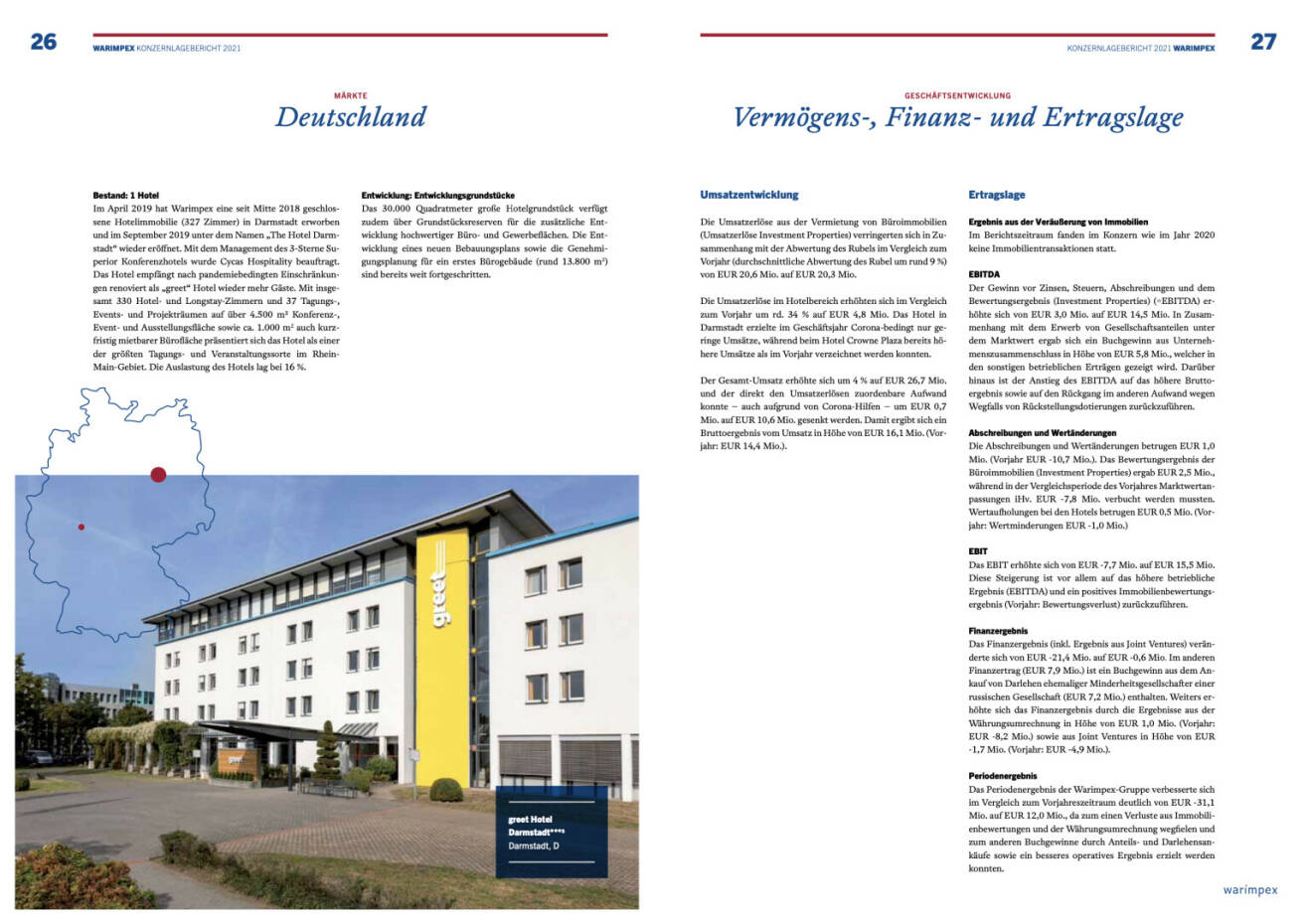 Doppelseite Warimpex Geschäftsbericht 2021