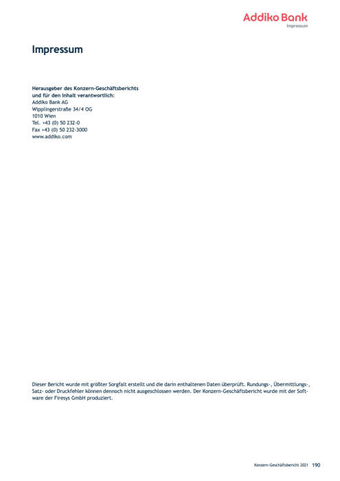 Rückseite Addiko Bank Geschäftsbericht 2021