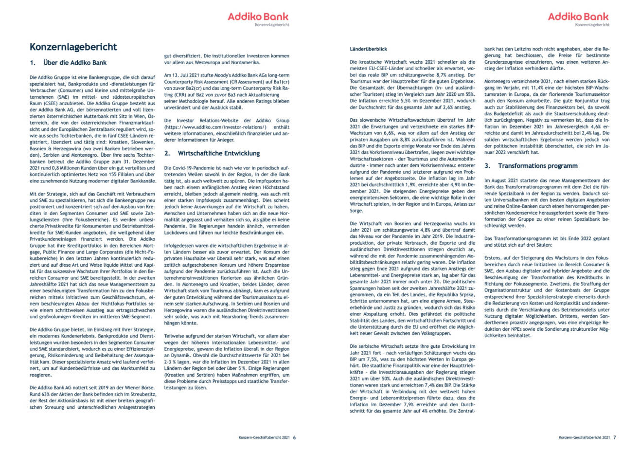 Doppelseite Addiko Bank Geschäftsbericht 2021