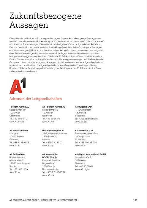 Rückseite Telekom Austria Jahresbericht 2021